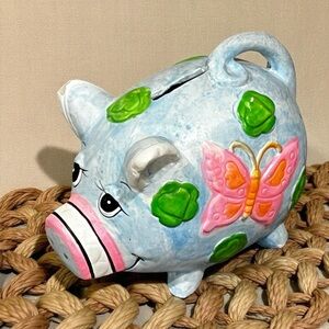 Vintage Piggy Bank OSL-1973 Taiwan Chalkware Pink Butterfly Chipped Ear NO PLUG